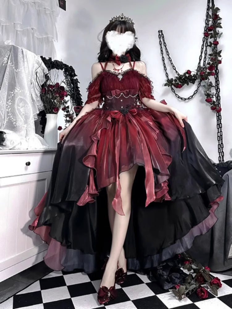 Red wedding dress lolita dress dress lolita short front and long back heavy  industry tail umbrella princess dress – Glorious Tale